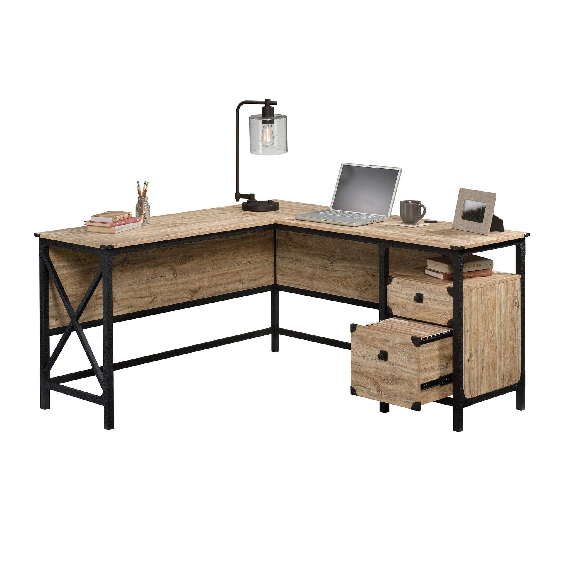 Sauder Steel River L-Shaped Desk, L: 59.84" x W: 57.32" x H: 29.53", Milled Mesquite Finish - WoodArtSupply