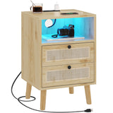 AOGLLATI Rattan Nightstand with Charging Station and LED Lights, LED Night Stand for Bedroom, Wood End Table with USB Ports, Boho Bedside Table with 2 Drawers, Natural AOGLLATI