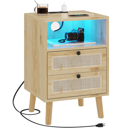 AOGLLATI Rattan Nightstand with Charging Station and LED Lights, LED Night Stand for Bedroom, Wood End Table with USB Ports, Boho Bedside Table with 2 Drawers, Natural - WoodArtSupply