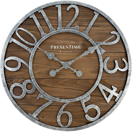 Presentime & Co Vintage Farmhouse Series, Galvanized Rustic Barnwood Clock, 19.5 inch, Galvanized Finish Arabic Numerals with Weathered Natural Barnwood, Farmhouse Décor/Wall Décor Presentime
