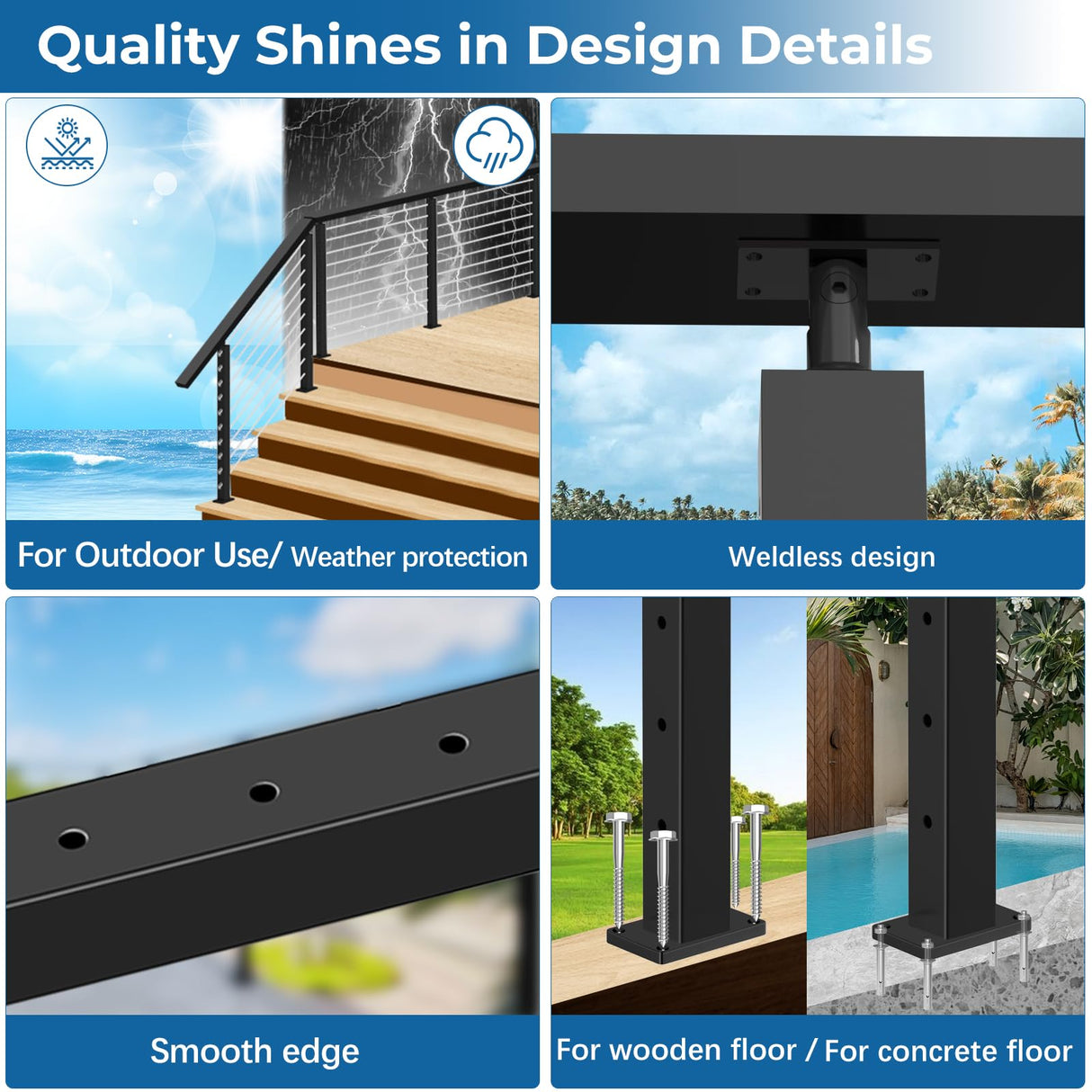 Zylorix 36" SS316 Cable Railing Post Level Drilled for Coastal Indoor Outdoor, 35"x2"x2" Stainless Steel Adjustable Top Post with Cable Grommets, DIY Cable Railing for Wood Concrete Deck, Black Zylorix