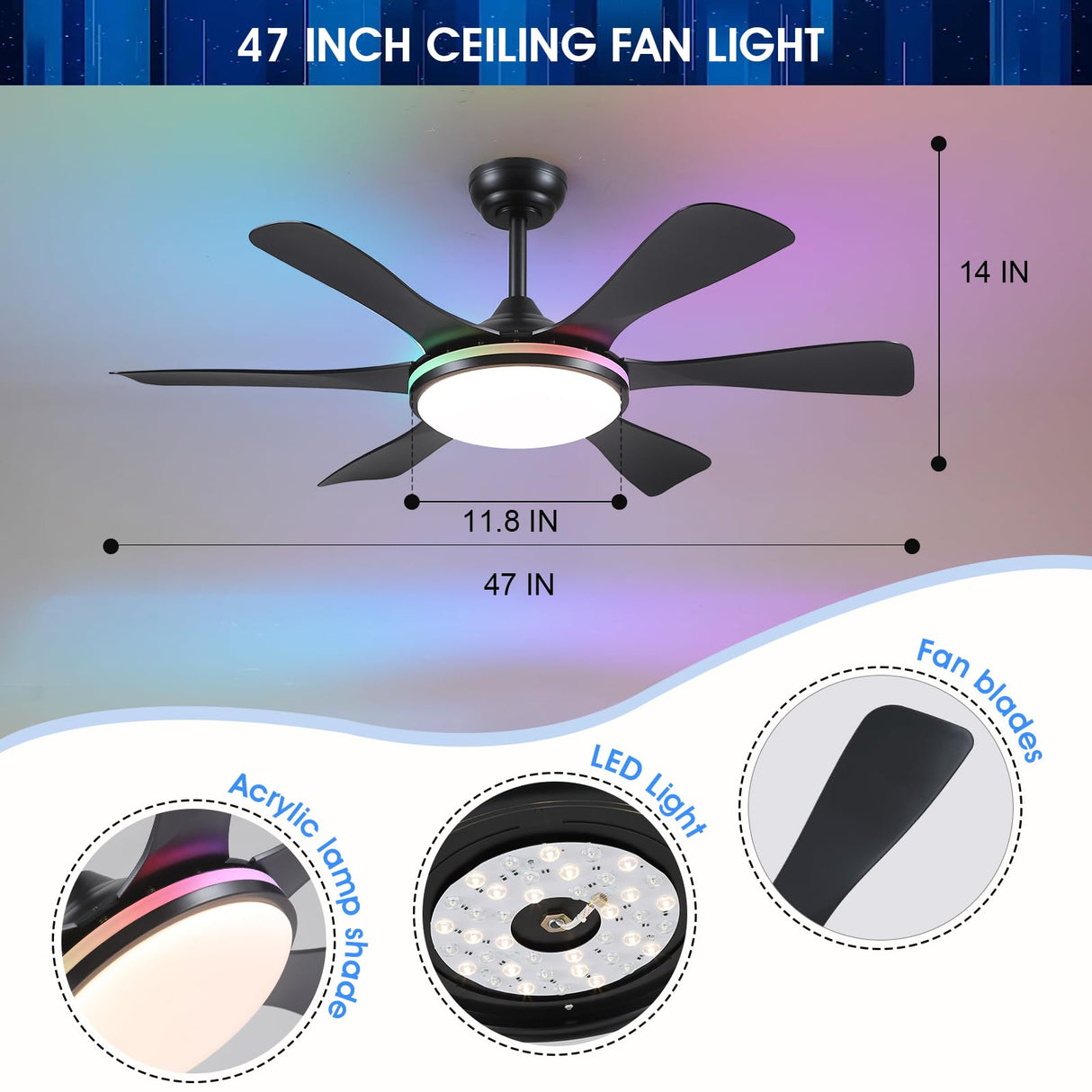 Surtime Ceiling Fans with Lights-47 Low Profile Ceiling Fan with 7-Color RGB Light and Remote/APP Control,Flush Mount,DC Reversible,LED Dimmable Black Ceiling Fans for Bedroom,Indoor/Outdoor Patio Surtime