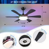 Surtime Ceiling Fans with Lights-47 Low Profile Ceiling Fan with 7-Color RGB Light and Remote/APP Control,Flush Mount,DC Reversible,LED Dimmable Black Ceiling Fans for Bedroom,Indoor/Outdoor Patio Surtime