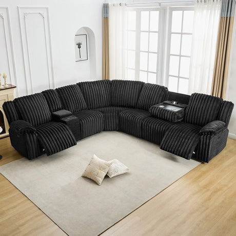 Power Electric Reclining Sectional Sofa with Wireless Charger for Living Room, Plush Faux Fur Sectional Couch with Recliner, 6 Seaters Comfy Recliner Corner Sectionals Sets with Cup Holders, Black Comfort Stretch