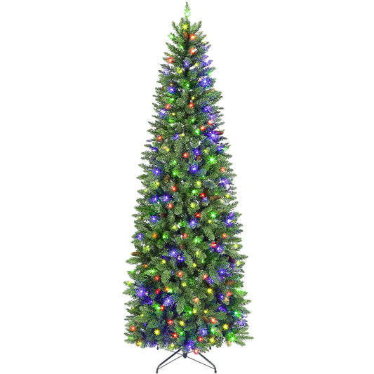 Hykolity 7.5 ft Prelit Pencil Slim Christmas Tree with 300 Color Changing LED Lights, 792 Branch Tips, Metal Stand and Hinged Branches, 10 Color Modes