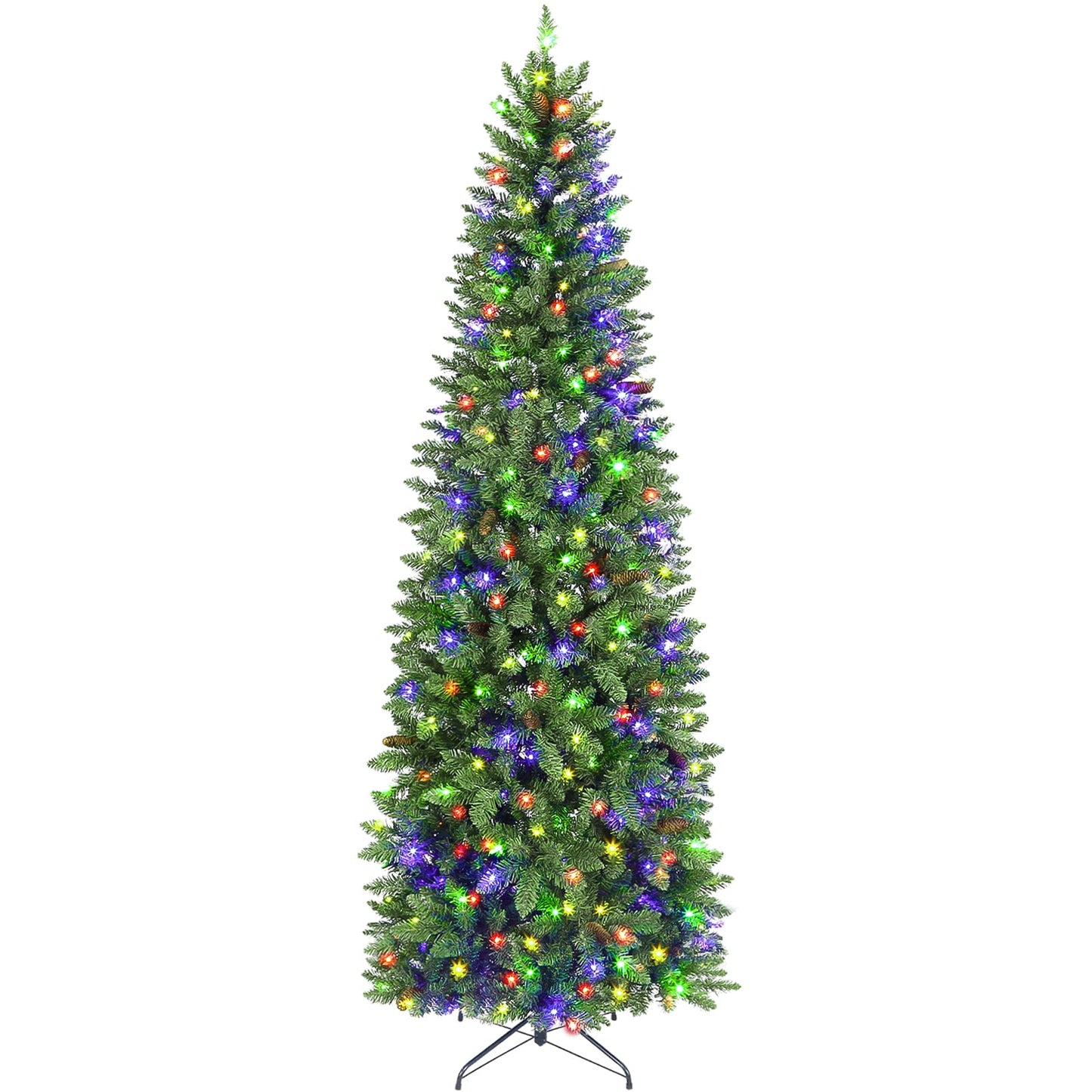 Hykolity 7.5 ft Pencil Prelit Christmas Tree, Artificial Slim Christmas Tree with 300 Multicolor LED Lights, 792 Branch Tips, Metal Stand and Hinged Branches, 10 Color Modes