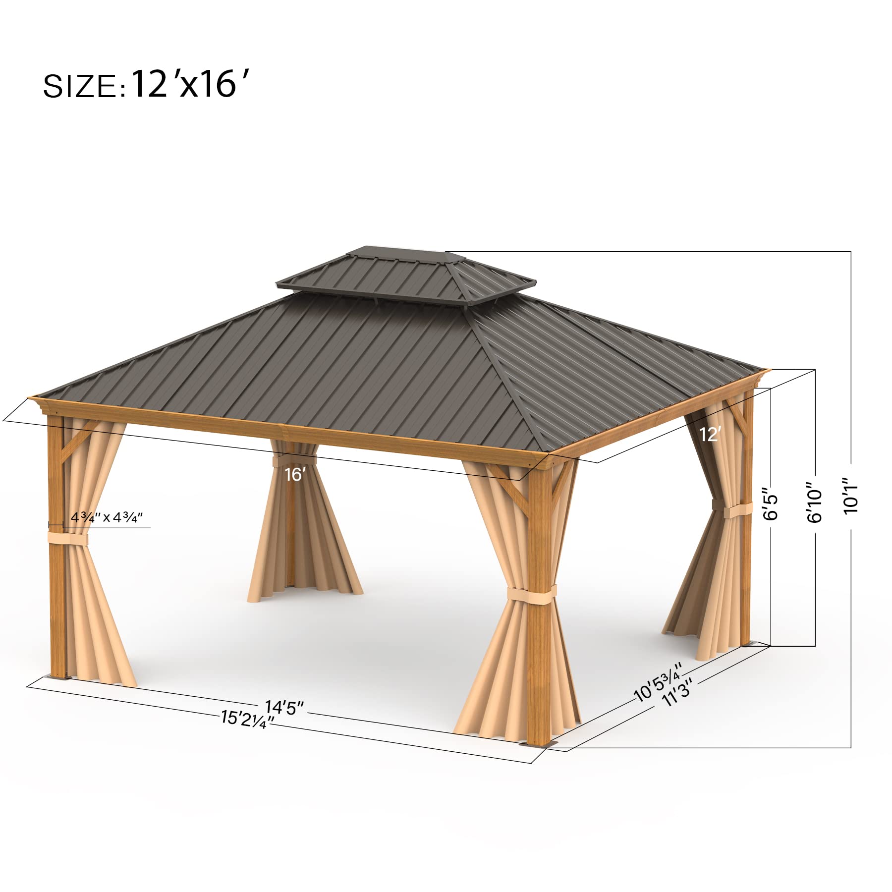 Domi 12'x16' Outdoor Hardtop Gazebo Permanent Canopy with Galvanized Steel Roof,Aluminum Frame,Curtains and Netting,for Patios,Backyard,Lawns,Garden(Wood Grain Coated) - WoodArtSupply