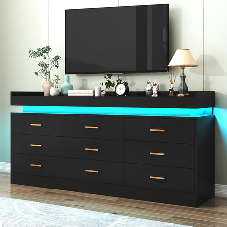 Hlivelood 9 Drawer Dresser with LED Light, Modern Chest of Drawers for Closet, Wide Drawer Organizer Cabinet for Bedroom, Living Room, Entryway, Hallway(9 Drawer Black) Hlivelood
