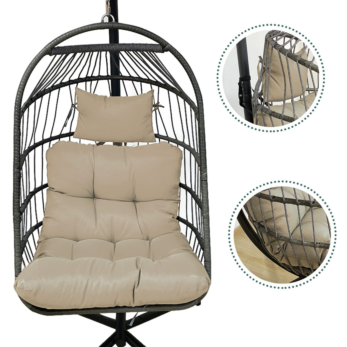 Enipate Outdoor Hanging Egg Chair Cushion, Water-Resistant Tufted Swing Basket Chairs Cushion Pads with Headrest Pillow Enipate
