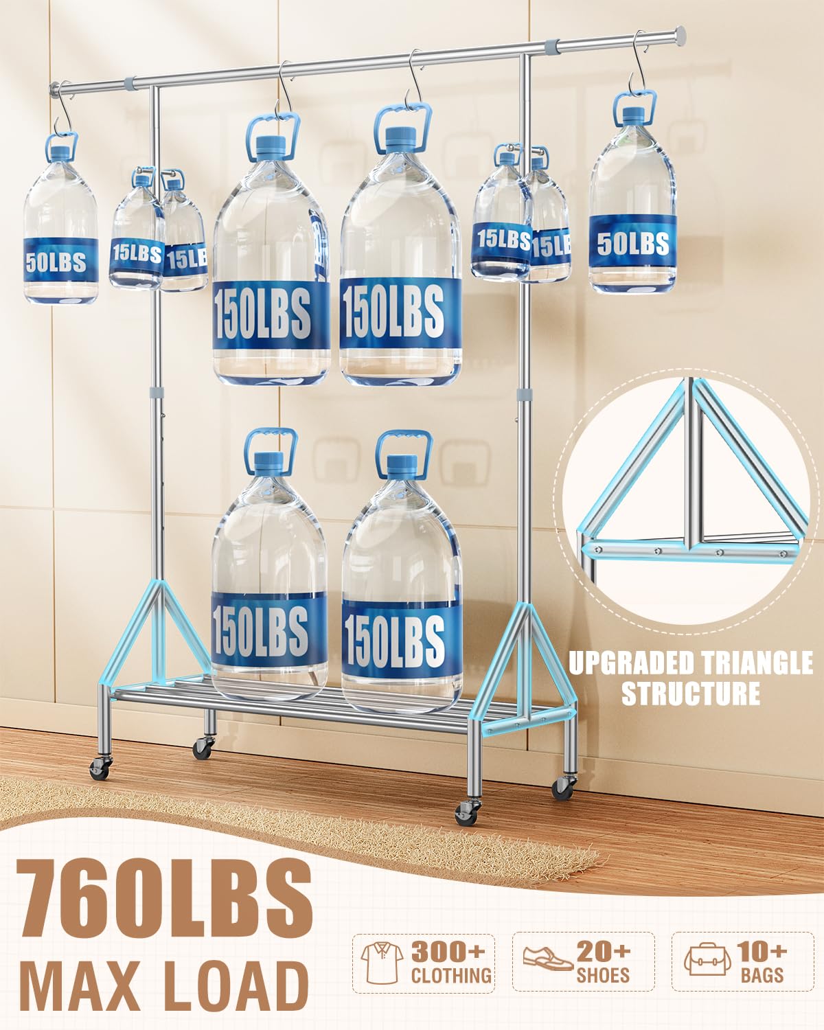 100% Stainless Steel Clothing Rack Load 760LBS, Ultra-Stable Heavy Duty Clothes Rack W/ Reinforced Rubber Ring, Extendable Adjustable Rolling Garment Racks W/ Sturdy Wheel for Portable Hanging Clothes FYBEE