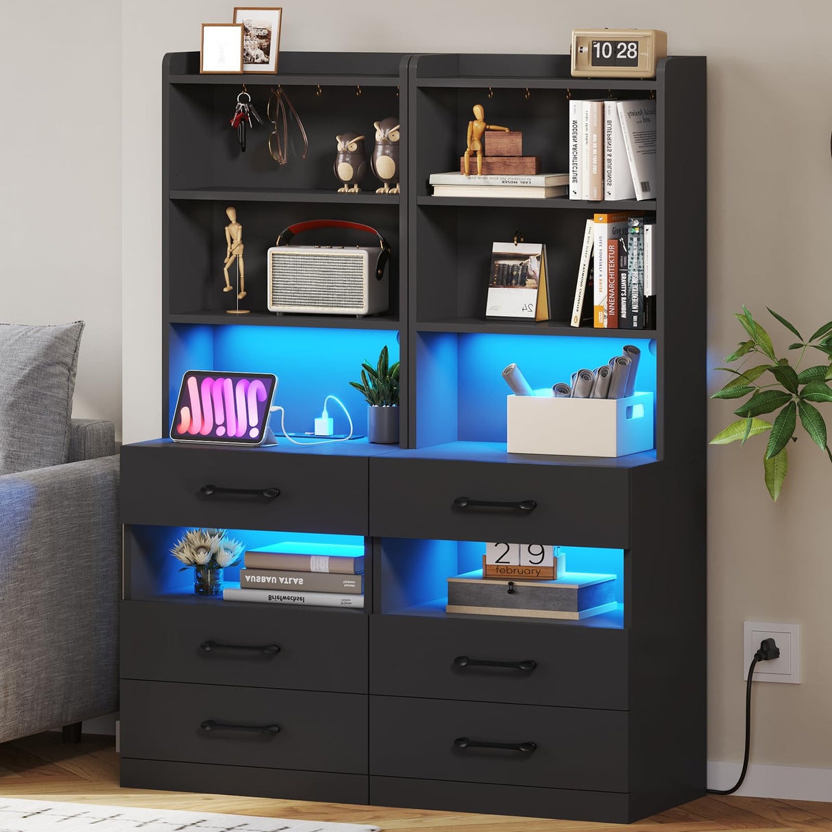 Tall Black Nightstand Set with LED Lights, Charging Station, and Bookshelf - Modern Storage Solution for Bedrooms VIAGDO