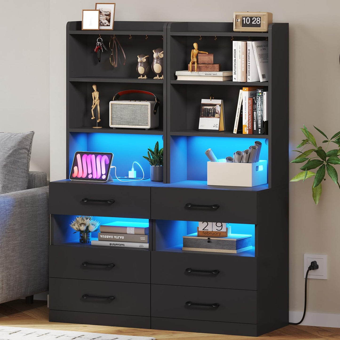 Tall Black Nightstand Set with LED Lights, Charging Station, and Bookshelf - Modern Storage Solution for Bedrooms - WoodArtSupply