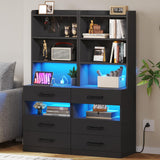 Tall Black Nightstand Set with LED Lights, Charging Station, and Bookshelf - Modern Storage Solution for Bedrooms VIAGDO