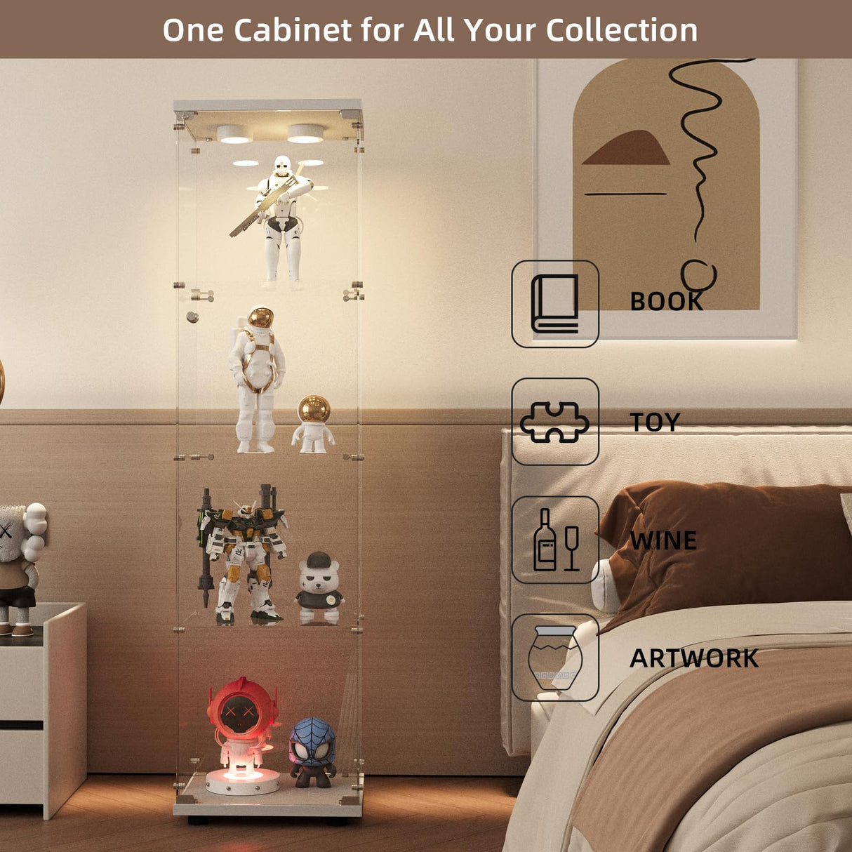 Beauty4U Glass Display Cabinet with LED Light, 4 Shelves, Curio Cabinets for Living Room, Bedroom, Office, White Floor Standing Glass Bookshelf, Quick Installation Beauty4U