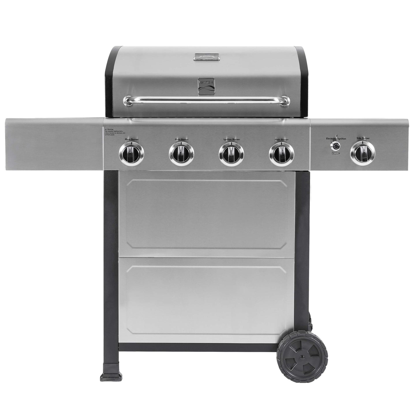 Kenmore 4-Burner BBQ Gas Grill with Side Burner, Outdoor Propane Grill, 53,000 BTUs, Cast Iron Cooking Grates, Electronic Ignition, Warming Rack, Open Cart Design & All-Terrain Wheels, Stainless Steel