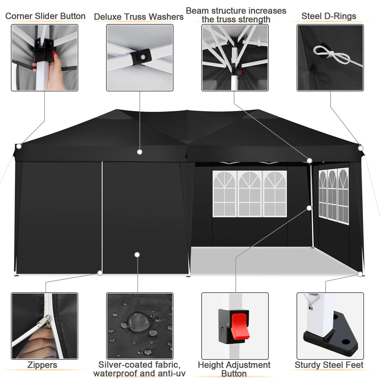 COBIZI Canopy 10x20 Pop Up Canopy Tent with 6 Sidewalls, Waterproof Outdoor Event Shelter Gazebo Sun Shade Portable 10x20 Tents for Parties Beach Camping Commercial Instant Canopy (Black, 10'x20') COBIZI