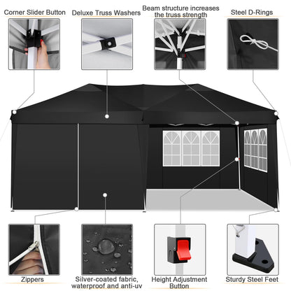 COBIZI Canopy 10x20 Pop Up Canopy Tent with 6 Sidewalls, Waterproof Outdoor Event Shelter Gazebo Sun Shade Portable 10x20 Tents for Parties Beach Camping Commercial Instant Canopy (Black, 10'x20')