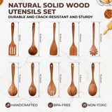 AIUHI Wooden Kitchen Utensils Set, Smooth Finish Wooden Spoons for Cooking, Teak Wood Cooking Utensils Set for Kitchen Essential Tools AIUHI