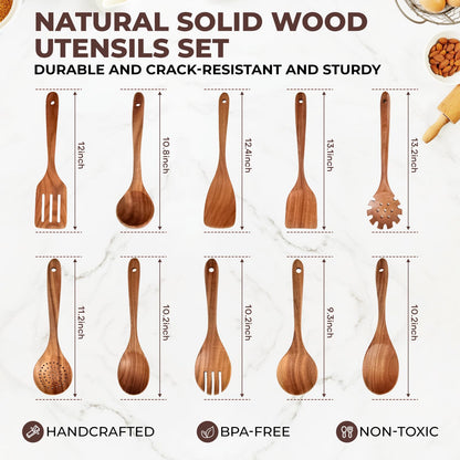 AIUHI Wooden Kitchen Utensils Set, Smooth Finish Wooden Spoons for Cooking, Teak Wood Cooking Utensils Set for Kitchen Essential Tools