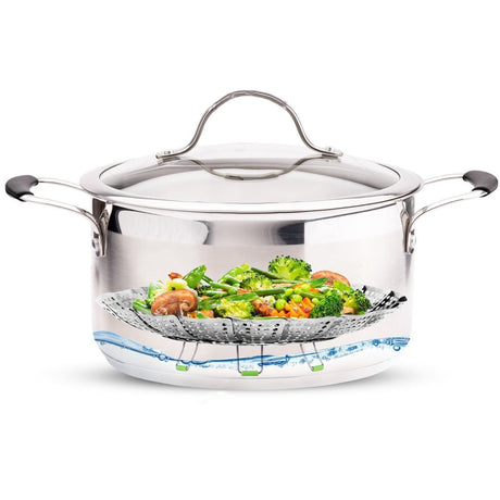 Consevisen Vegetable Steamer Basket for Cooking Food, Stainless Steel Veggie Steam Basket for Pot, Folding Expandable Steaming Insert with Extendable Handle Fits Various Size Pot, 5.1" to 9" Consevisen