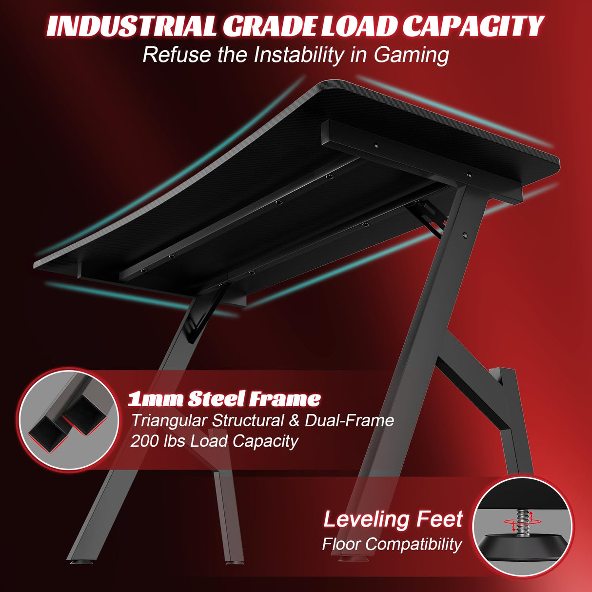 HLDIRECT 47 Inch Gaming Desk with Carbon Fibre Surface, Large Computer Desk Gaming Table, Ergonomic Pc Gaming Workstation Home Office Desks with Cup Holder & Headphone Hook HLDIRECT