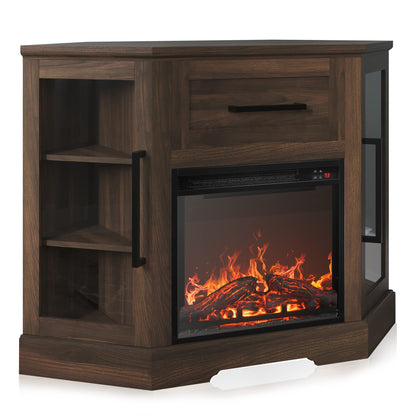 BELLEZE 43" Corner TV Stand with 18" Electric Fireplace Heater for TVs up to 43", Modern Corner Wood Entertainment Center with Glass Door Storage Cabinets - Dale (Dark Walnut)