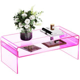 solaround Acrylic Coffee Table for Living Room Clear Rectangle Lucite Table with Open Storage Shelf (1, Pink, Large) solaround
