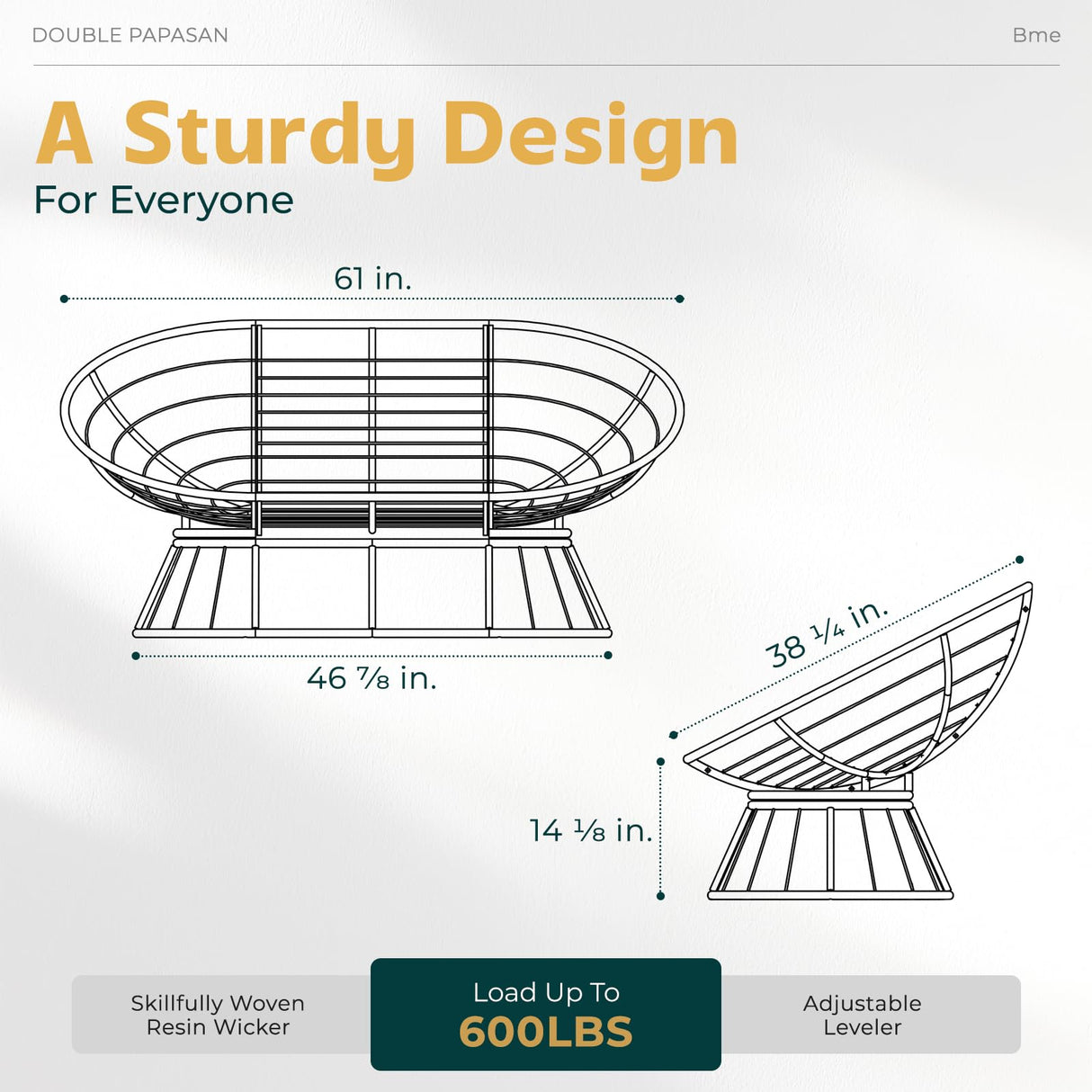 Bme Double Papasan Chair, 600lbs Capacity, Ergonomic Design, Soft Thick Fabric Cushion, Bee-Designed Frame, Durable Steel, 60", Black - Black Base Bme