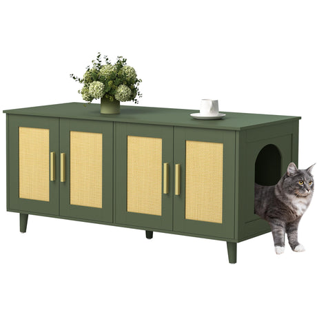 Homhedy Boho Cat Litter Box Enclosure for 2 Cats, Wooden Cat Washroom Furniture with Double Rattan Decorated Doors, Pet House,47.2”L x 19.7”W x 21.7”H, Green Homhedy