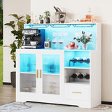 Wine Bar Cabinet with LED Light,with Wine and Glass Rack, Modern Kitchen Coffee Bar Cabinet with Storage, Buffet Sideboard with Drawers(White, Large) amzzar