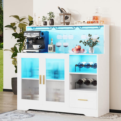 Wine Bar Cabinet with LED Light,with Wine and Glass Rack, Modern Kitchen Coffee Bar Cabinet with Storage, Buffet Sideboard with Drawers(White, Large) amzzar