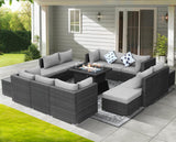 NICESOUL 15 Piece Outdoor Sectional with Fire Pit Table, Modern Luxury Patio Deep Seating w/Firepit, 29.3'' High-Back Wicker Couch Thick, Big High-Weight Capacity Sofa for Terrace, Yard, Light Gray NICESOUL