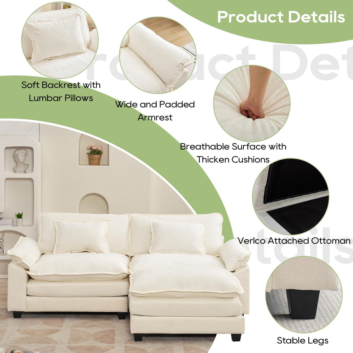 Oprisen 86" Modular Sectional Sofa, Comfy Cloud Couch Sectional Sofa with Ottoman, Chenille Sofa Sleeper Deep Seat Sofa with Throw Pillows for Living Room (Beige White, 86"- L Shape) Oprisen