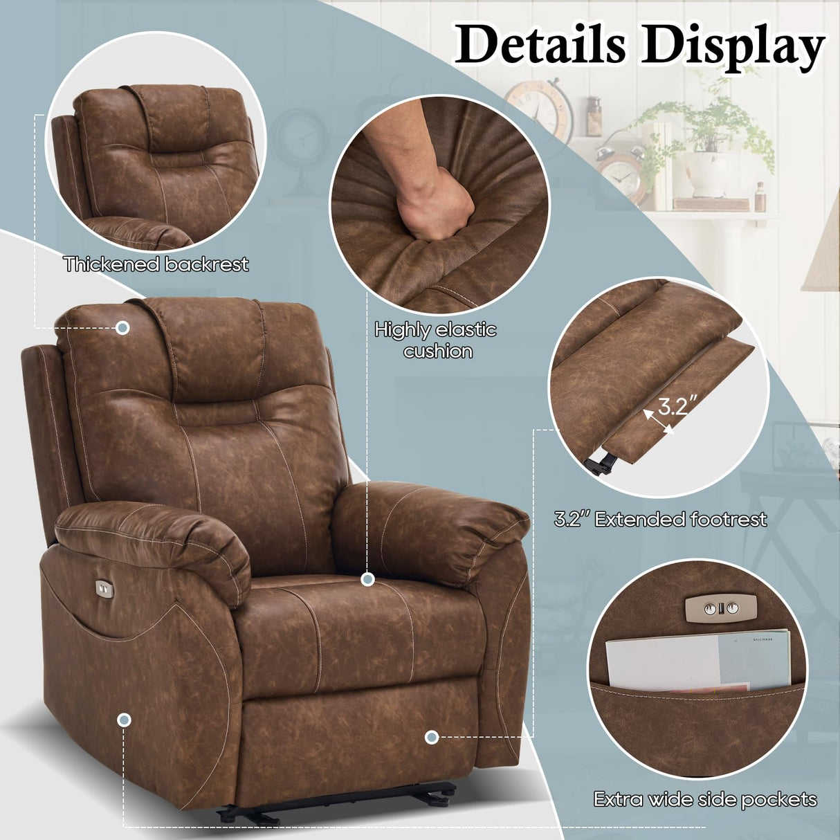 RIHEREFY Power Recliner Chair, Wall Hugger Recliner with Massage and Heat, PU Leather Recliner Chair with 2 Side Pockets & USB Ports for Living Room RIHEREFY