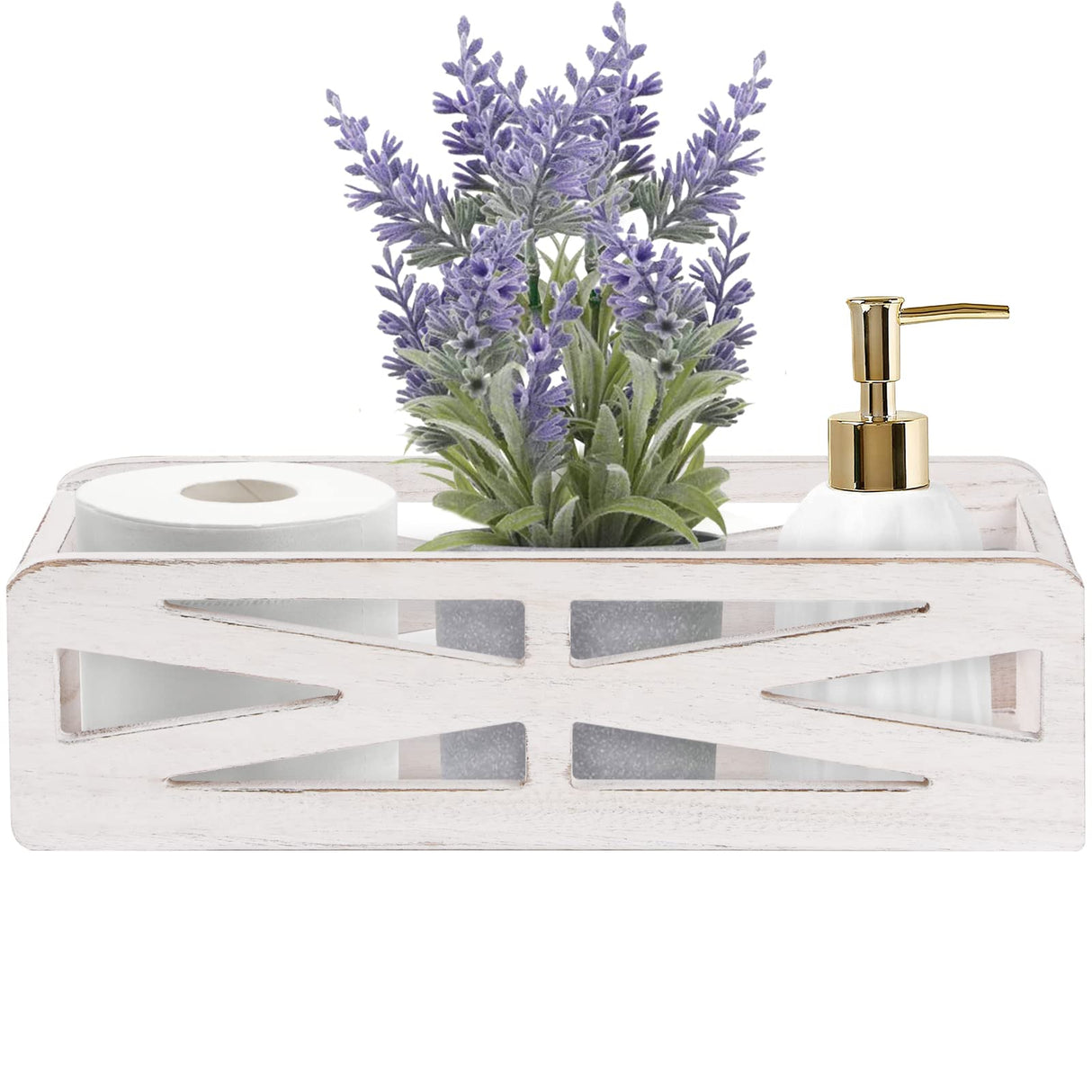 Bathroom Decor Box Toilet Paper Holder, Rustic Wooden Toilet Tank Box, Farmhouse Over Toilet Bathroom Organizer Storage Basket for Living Room, Table Counter, Kitchen (Rustic White) RJMKD