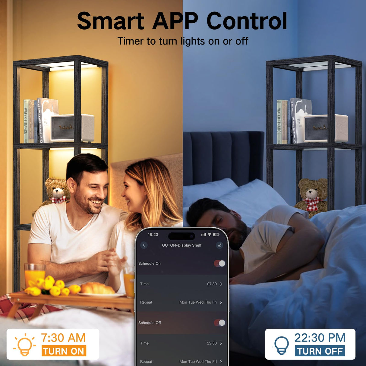 OUTON 67" Glass Display Shelf with Dimmable LED Floor Lamp, Collectibles Display Cabinet with Remote & App Control, 5 Tier Open Bookshelf Lamp for Living Room, Bedroom, Office, Home Decor, Black OUTON