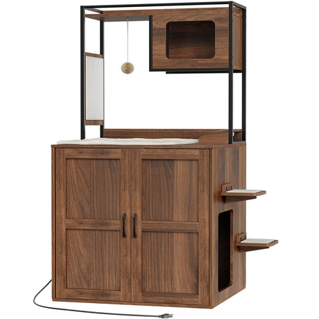 HOOBRO Cat Automatic Litter Box Enclosure Furniture, 30.5" L x 26.8" W x 61" H, Hidden Robotic Litter Box Cabinet, Dog-Proof Shelf with Charging Station, Scratching Mat, Bowls, Walnut WL68UMZ03N1 HOOBRO