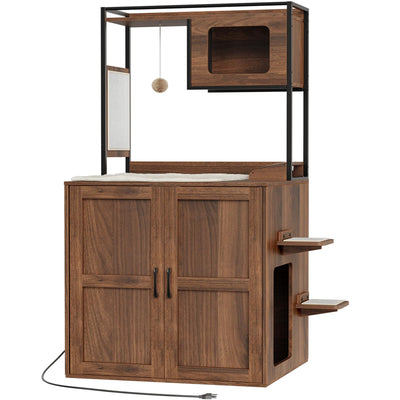 HOOBRO Cat Automatic Litter Box Enclosure Furniture, 30.5" L x 26.8" W x 61" H, Hidden Robotic Litter Box Cabinet, Dog-Proof Shelf with Charging Station, Scratching Mat, Bowls, Walnut WL68UMZ03N1