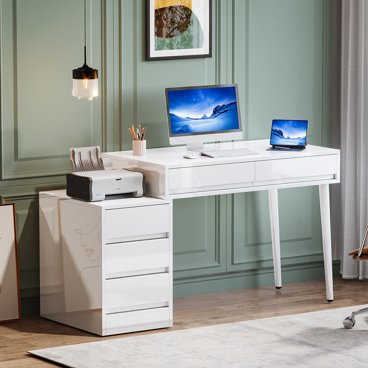 Tribesigns White Desk with 5 Drawers, High Gloss White Modern Home Office Desk with Storage Drawers and Printer Stand, Reversible Computer Desk Vanity Desk for Bedroom, Living Room Tribesigns