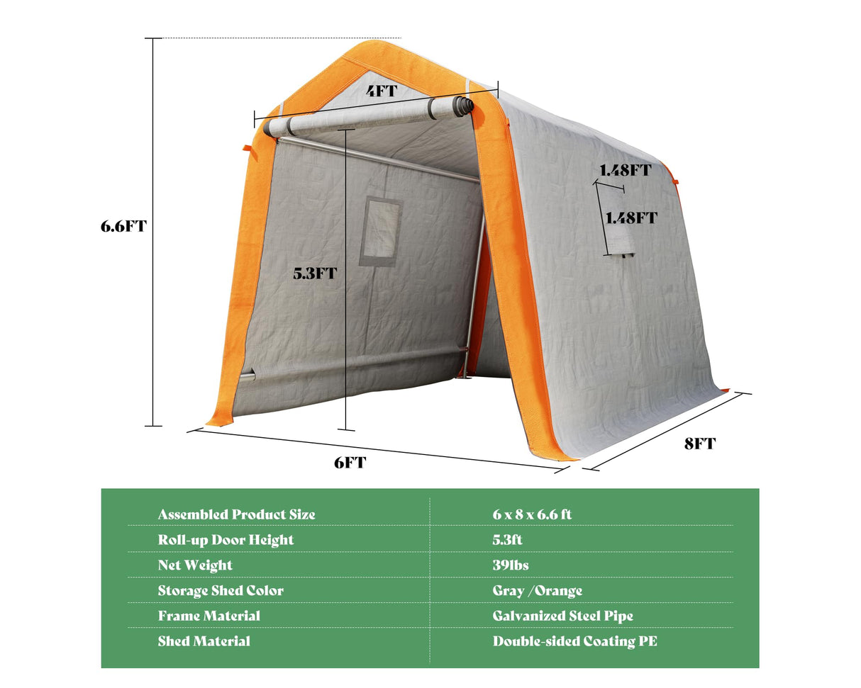 AMERLIFE 6x8x6.6 FT Heavy Duty Portable Shed Storage Shelter, Outdoor Storage Shed with 2 Waterproof Windows & Roll-up Zipper Door, Carport for Motorcycle, Bike, Grey AMERLIFE