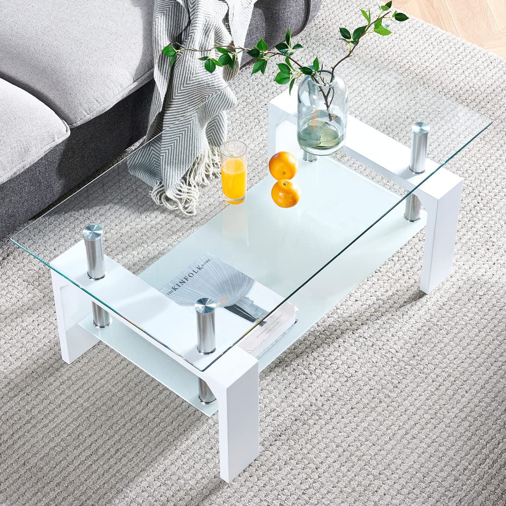 Btrpily Living Room Rectangle Coffee Table, Tea Table Suitable for Waiting Room, Modern Side Coffee Table with Wooden Leg, Glass Tabletop with Lower Shelf, 39.5*23.5*17.5 inches , White Btrpily