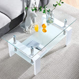 Btrpily Living Room Rectangle Coffee Table, Tea Table Suitable for Waiting Room, Modern Side Coffee Table with Wooden Leg, Glass Tabletop with Lower Shelf, 39.5*23.5*17.5 inches , White Btrpily
