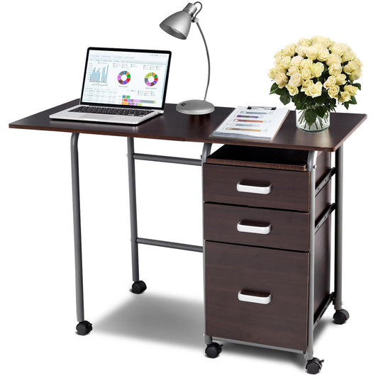 Foldable Computer Laptop Desk w/ 3 Drawers, Wheeled Laptop Desk with Metal Frame, Space Saving Folding Desk with Rolling Wheels for Home Office Small Space (Brown) - WoodArtSupply