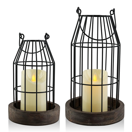 VIVIRENOIR Farmhouse Lantern Decor, Set of 2 Rustic Home Decor Lanterns with Flameless Candles, Wire Metal Cloche Decorative Candle Holders for Living Room Fireplace Mantel Dining Table Decor (Brown) VIVIRENOIR