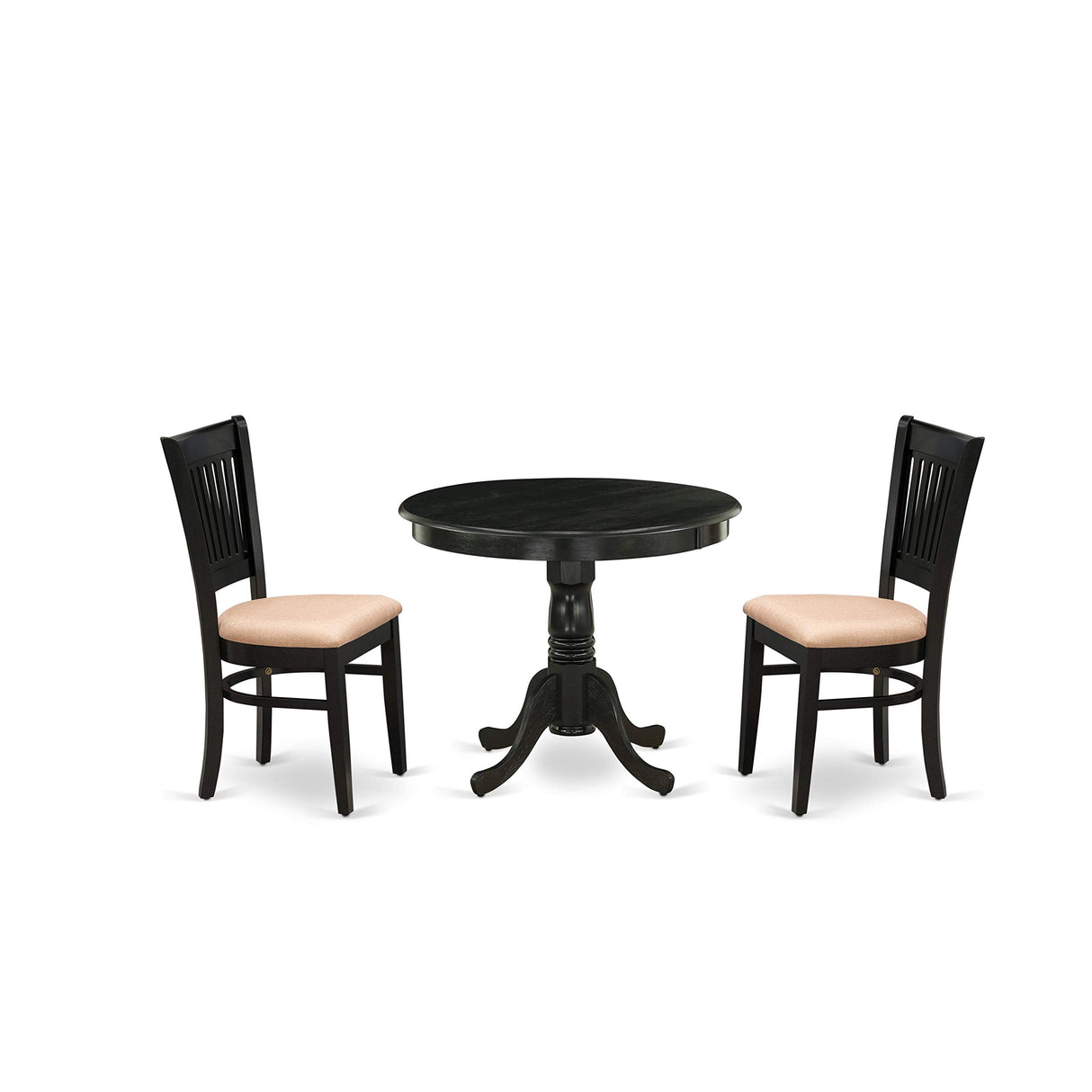 East West Furniture ANVA3-BLK-C 3 Piece Modern Dining Table Set Contains a Round Kitchen Table with Pedestal and 2 Linen Fabric Dining Room Chairs, 36x36 Inch, Black East West Furniture