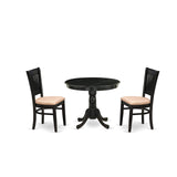 East West Furniture ANVA3-BLK-C 3 Piece Modern Dining Table Set Contains a Round Kitchen Table with Pedestal and 2 Linen Fabric Dining Room Chairs, 36x36 Inch, Black East West Furniture