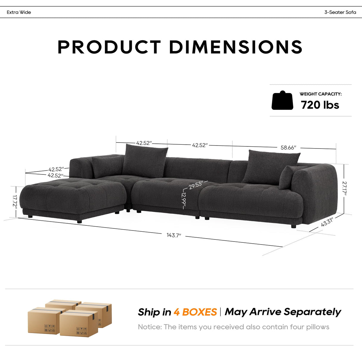 COLAMY 144" Cloud Sectional Couch with Ottoman,Modular Sectional Sofa with 3 Large Seat and 1 Movable Ottoman for Living Room,DIY Combination, Chenille, Gray COLAMY