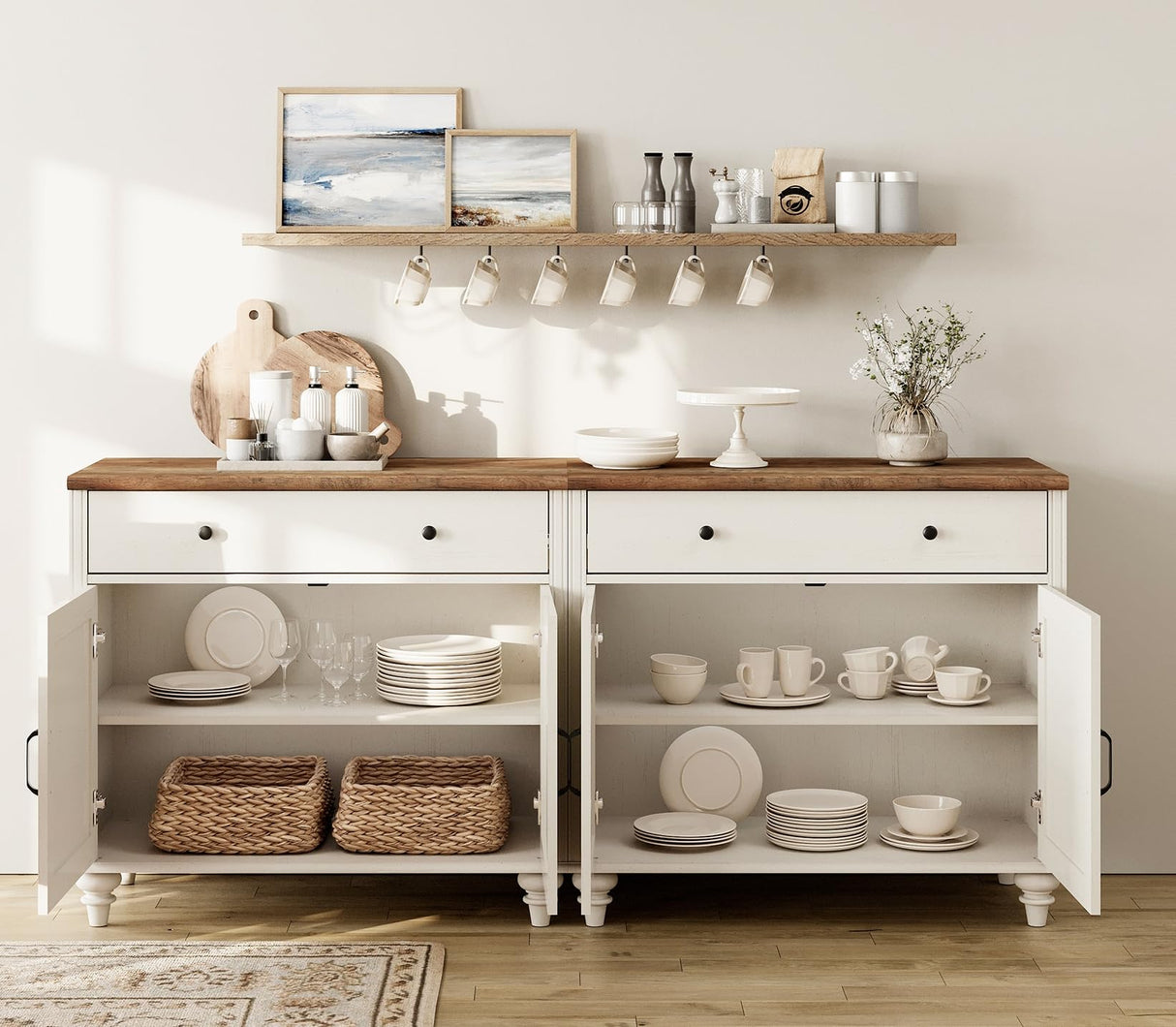 WAMPAT Entertainment Center with Bookshelves for TVs up to 75", Farmhouse Wall Unit TV Stand with 8 Doors & 4 Drawer, Media Console Table for Living Room, Bedroom & Home Theater, Off White WAMPAT