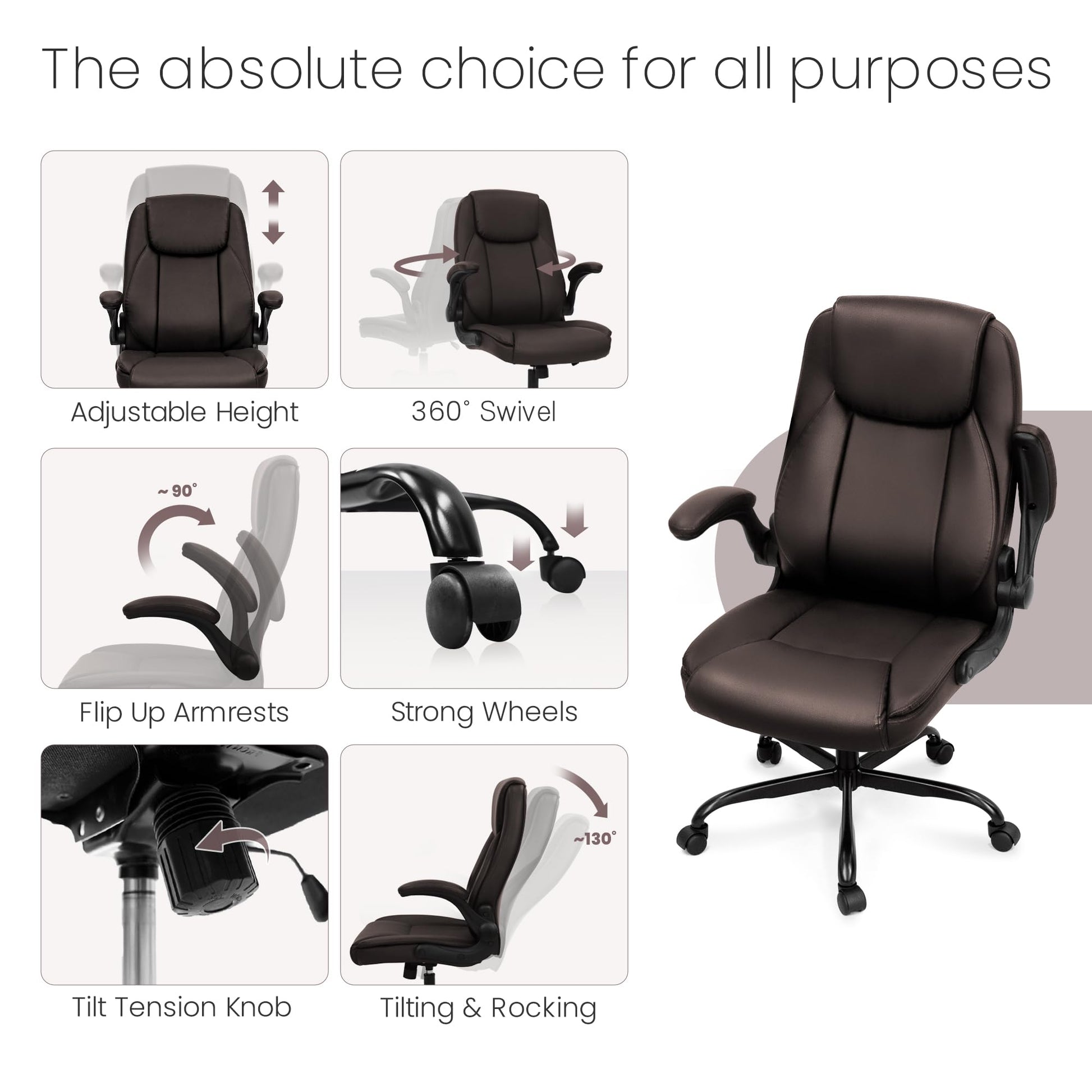 NEO CHAIR Ergonomic Office Chair PU Leather Executive Chair Padded Flip Up Armrest Computer Chair Adjustable Height High Back Lumbar Support Wheels Swivel for Gaming Desk Chair (Brown) - WoodArtSupply