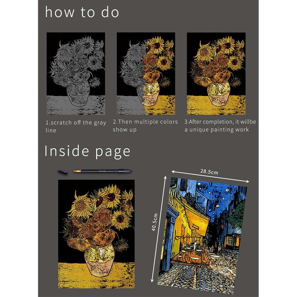 Scratch Art Painting Scratch Paper Rainbow Painting Sketch Pads DIY Art Craft Set， 4 Pcs Vincent Van Gogh Engraving and 24Pcs Classic Landmarks and Animal Series for Kids & Adults with 3 Tools Ryoma